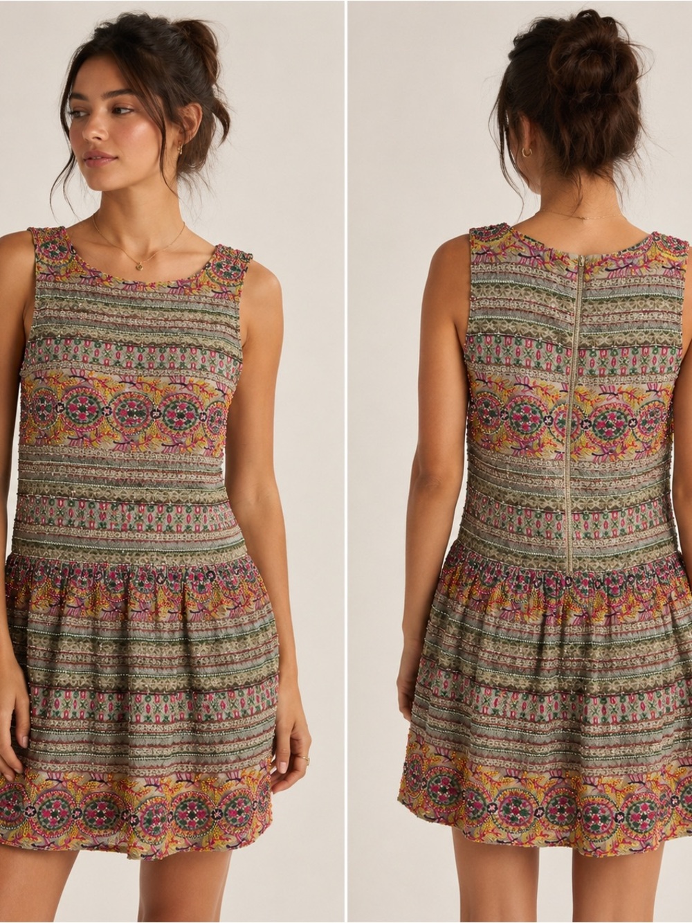 Hemant & Nandita 100% Silk Embellished Beaded Mini Dress Size 4 Boho Luxe